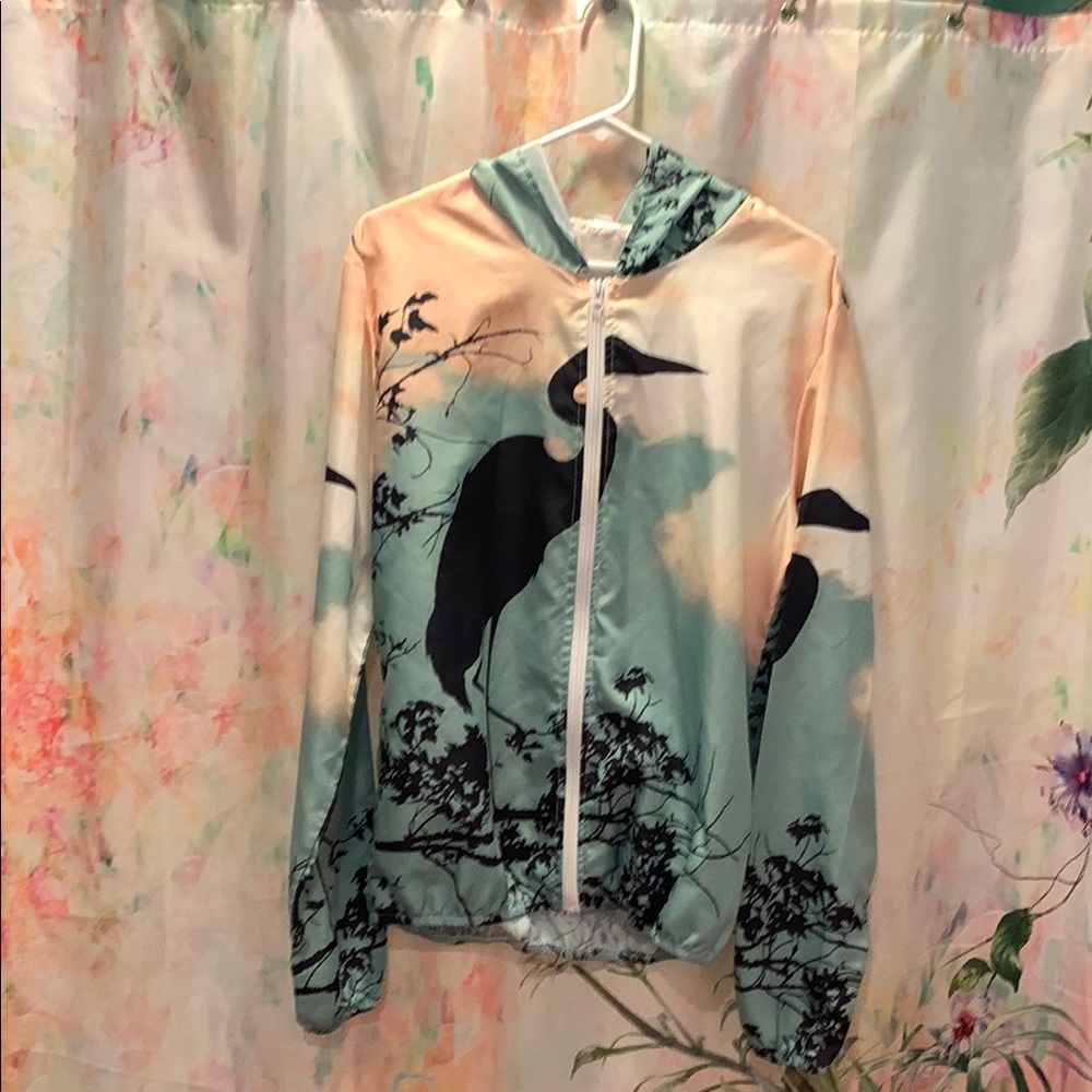 Black and Orange Bomber Jacket with Artistic Bird Design